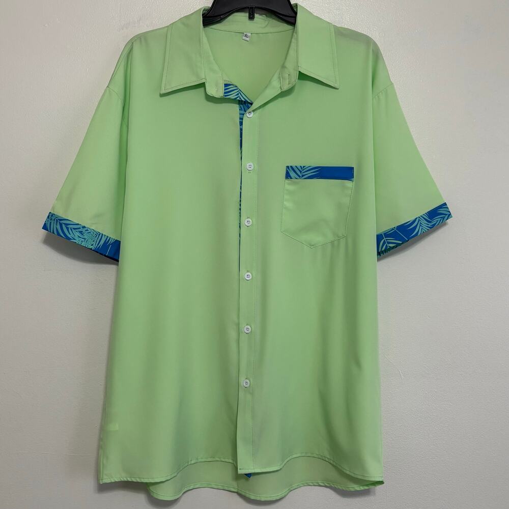 Men's XL Lime Green Blue Tropical Polyester Button Up Shirt